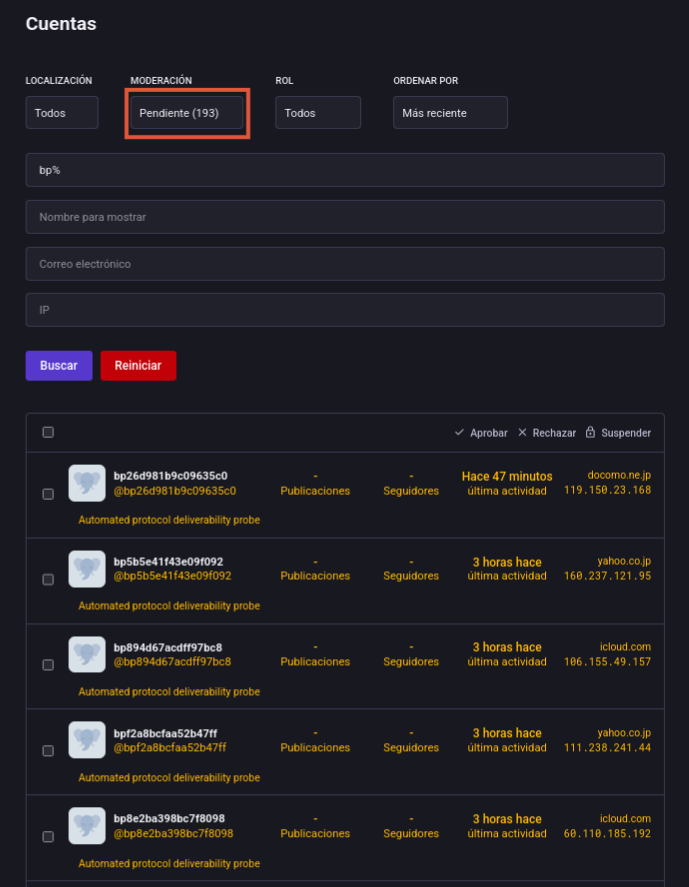 screenshot de la lista de cuentas con registro pendientes de revisión, 193 registros todos desde bots